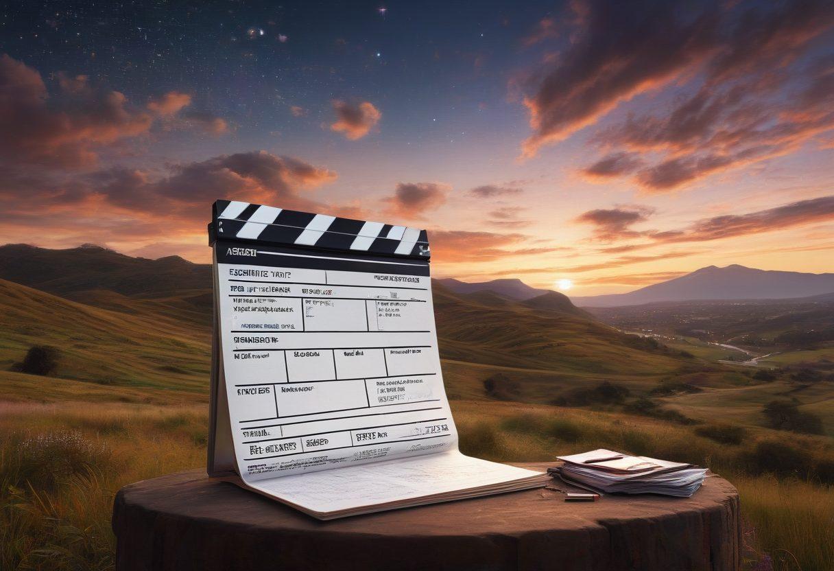 A film reel unwinding across a vast landscape of vibrant movie posters featuring diverse cinematic genres, with a spotlight illuminating a classic film screen in the foreground. Include elements of film criticism like a notepad and pen, seamlessly blending with cinematic motifs in the background. The sky transitions from dusk to dawn with stars and clouds, symbolizing the ever-evolving film industry. super-realistic. vibrant colors. 3D.