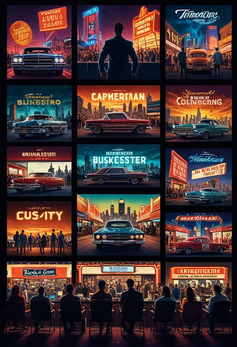 A visually dynamic collage featuring a bustling film set with a diverse crew, a classic movie theater showcasing blockbusters, and indie film posters scattered around. Include elements like a film reel, a director's chair, and cinematic lights. The scene should capture the vibrant energy and contrast between big-budget films and independent projects, set against a backdrop of a glowing city skyline. super-realistic. vibrant colors. 3D.