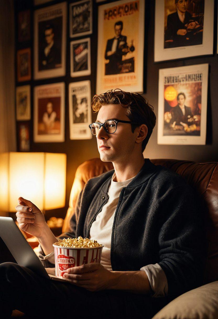A cinematic scene depicting a film critic intensely reviewing a movie in a cozy home theater, surrounded by vintage movie posters and film reels. The critic is jotting notes, with a laptop open displaying trending films. A soft glow from the screen illuminates their focused expression, while a bowl of popcorn sits nearby. Incorporate an artistic lens flare to emphasize the film theme. super-realistic. warm tones. cozy atmosphere.